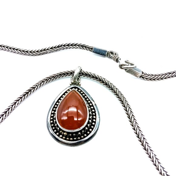 Vintage Sterling Silver Ornate Teardrop Carnelian Pendant On Sterling Silver - Picture 3 of 5